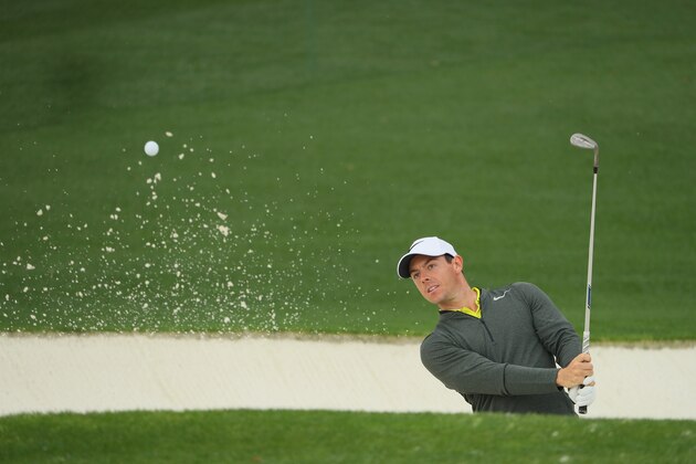 AUGUSTA, GA - APRIL 05:  Rory McIlroy of Northern Ireland plays a shot from a bunker on the 18th hole during a practice round prior to the start of the 2017 Masters Tournament at Augusta National Golf Club on April 5, 2017 in Augusta, Georgia.  (Photo by Andrew Redington/Getty Images)