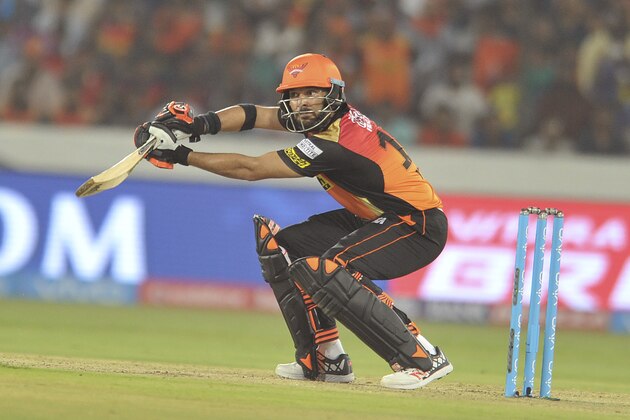 Sunrisers Hyderabad Yuvraj Singh plays a shot during the 2017 Indian Premier League (IPL) Twenty20 cricket match between Sunrisers Hyderabad and Royal Challengers Bangalore at the Rajiv Gandhi International Cricket Stadium on April 5, 2017.  / AFP PHOTO / NOAH SEELAM        (Photo credit should read NOAH SEELAM/AFP/Getty Images)