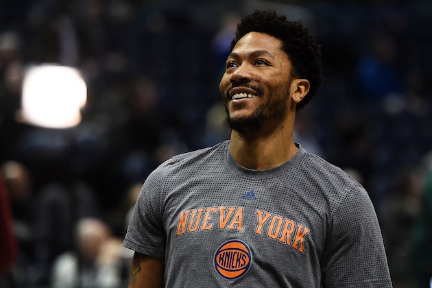 Derrick Rose #25 of the New York Knicks participates in warmups prior to a game prior to a game against the Milwaukee Bucks at BMO Harris Bradley Center on March 8, 2017 in Milwaukee, Wisconsin.  NOTE TO USER: User expressly acknowledges and agrees that, by downloading and or using this photograph, User is consenting to the terms and conditions of the Getty Images License Agreement.