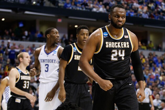 INDIANAPOLIS, IN - MARCH 19:  Shaquille Morris #24 of the Wichita State Shockers reacts after blocking a shot by De'Aaron Fox #0 (not pictured) of the Kentucky Wildcats in the first half during the second round of the 2017 NCAA Men's Basketball Tournament at the Bankers Life Fieldhouse on March 19, 2017 in Indianapolis, Indiana.  (Photo by Joe Robbins/Getty Images)