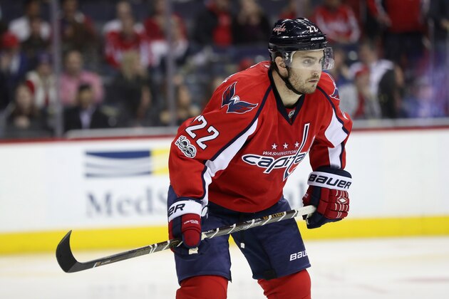 WASHINGTON, DC - MARCH 21: Kevin Shattenkirk #22 of the Washington Capitals follows the puck against the Calgary Flames at Verizon Center on March 21, 2017 in Washington, DC.  (Photo by Rob Carr/Getty Images)