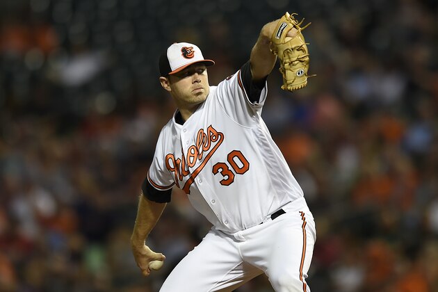Baltimore Orioles pitcher Chris Tillman delivers against the Boston Red Sox in the first inning of a baseball game, Thursday, Sept. 22, 2016, in Baltimore.(AP Photo/Gail Burton)
