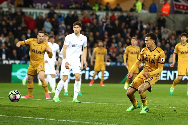 SWANSEA, WALES - APRIL 05:  Dele Alli of Tottenham Hotspur scores his sides first goal during the Premier League match between Swansea City and Tottenham Hotspur at the Liberty Stadium on April 5, 2017 in Swansea, Wales.  (Photo by Michael Steele/Getty Images)