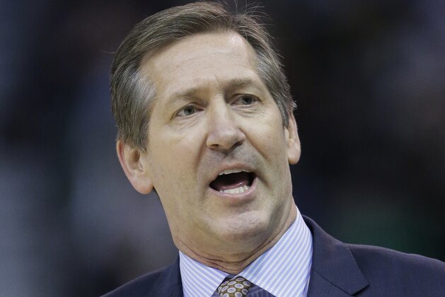 New York Knicks coach Jeff Hornacek shouts to his team during the first half of an NBA basketball game against the Utah Jazz on Wednesday, March 22, 2017, in Salt Lake City. (AP Photo/Rick Bowmer)