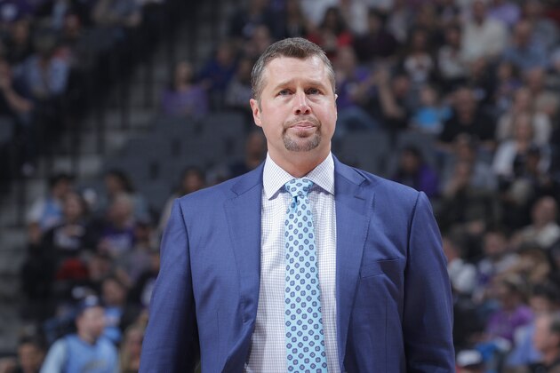 SACRAMENTO, CA - MARCH 29: Head coach Dave Joerger of the Sacramento Kings coaches against the Utah Jazz on March 29, 2017 at Golden 1 Center in Sacramento, California. NOTE TO USER: User expressly acknowledges and agrees that, by downloading and or using this photograph, User is consenting to the terms and conditions of the Getty Images Agreement. Mandatory Copyright Notice: Copyright 2017 NBAE (Photo by Rocky Widner/NBAE via Getty Images)