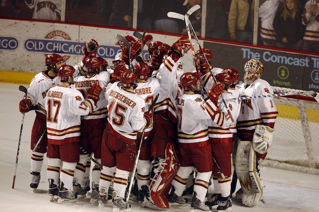 Denver players celebrate after a 4-2 victory over Michigan Tech in an NCAA college hockey game to win the teams' first-round playoff series in Denver on Saturday, March 13, 2010. (AP Photo/David Zalubowski)