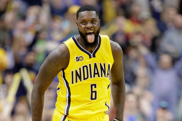 INDIANAPOLIS, IN - APRIL 04:  Lance Stephenson #6 of the Indiana Pacers celebrates during the 108-90 win over the Toronto Raptors at Bankers Life Fieldhouse on April 4, 2017 in Indianapolis, Indiana.   NOTE TO USER: User expressly acknowledges and agrees that, by downloading and or using this photograph, User is consenting to the terms and conditions of the Getty Images License Agreement  (Photo by Andy Lyons/Getty Images)