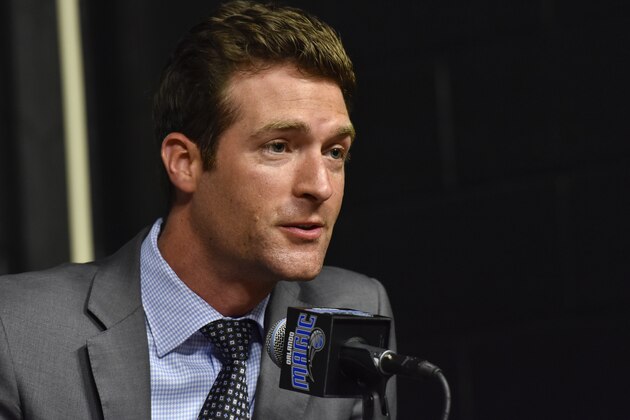 ORLANDO, FL - MAY 23:  Orlando Magic general manager Rob Hennigan introduces new head coach Frank Vogel during a press conference on May 23, 2016 at Amway Center in Orlando, Florida. NOTE TO USER: User expressly acknowledges and agrees that, by downloading and or using this photograph, User is consenting to the terms and conditions of the Getty Images License Agreement. Mandatory Copyright Notice: Copyright 2016 NBAE  (Photo by Fernando Medina/NBAE via Getty Images)
