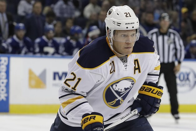 Buffalo Sabres right wing Kyle Okposo (21) during the second period of an NHL hockey game against the Tampa Bay Lightning Thursday, Jan. 12, 2017, in Tampa, Fla.(AP Photo/Chris O'Meara)
