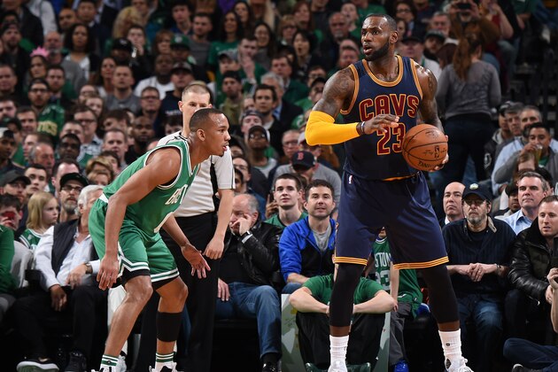 BOSTON, MA - APRIL 5: LeBron James #23 of the Cleveland Cavaliers handles the ball against the Boston Celtics during the game on April 5, 2017 at the TD Garden in Boston, Massachusetts.  NOTE TO USER: User expressly acknowledges and agrees that, by downloading and or using this photograph, User is consenting to the terms and conditions of the Getty Images License Agreement. Mandatory Copyright Notice: Copyright 2017 NBAE  (Photo by Brian Babineau/NBAE via Getty Images)