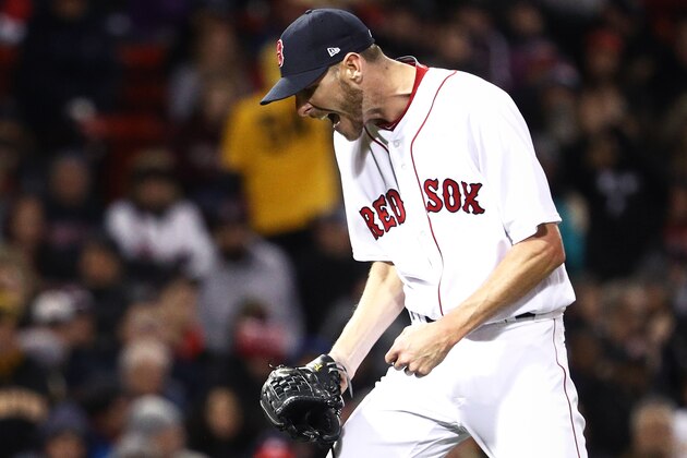 BOSTON, MA - APRIL 5: Chris Sale #41 of the Boston Red Sox reacts during the seventh inning against the Pittsburgh Pirates at Fenway Park on April 5, 2017 in Boston, Massachusetts. (Photo by Maddie Meyer/Getty Images)