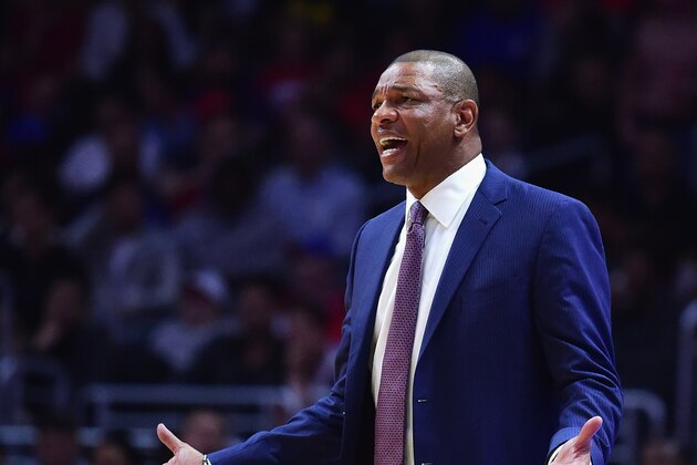 LOS ANGELES, CA - MARCH 29:  Doc Rivers of the LA Clippers reacts to a call during a 133-124 Clipper win over the Washington Wizards at Staples Center on March 29, 2017 in Los Angeles, California.  NOTE TO USER: User expressly acknowledges and agrees that, by downloading and or using this photograph, User is consenting to the terms and conditions of the Getty Images License Agreement.  (Photo by Harry How/Getty Images)