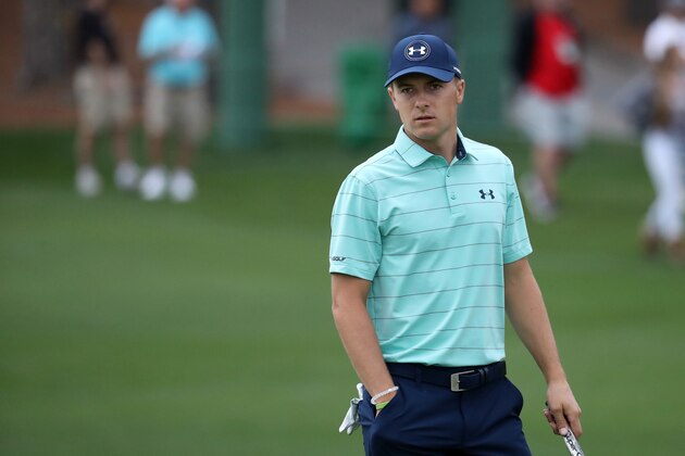 AUGUSTA, GA - APRIL 05:  Jordan Spieth of the United States reacts on the second green during a practice round prior to the start of the 2017 Masters Tournament at Augusta National Golf Club on April 5, 2017 in Augusta, Georgia.  (Photo by Rob Carr/Getty Images)
