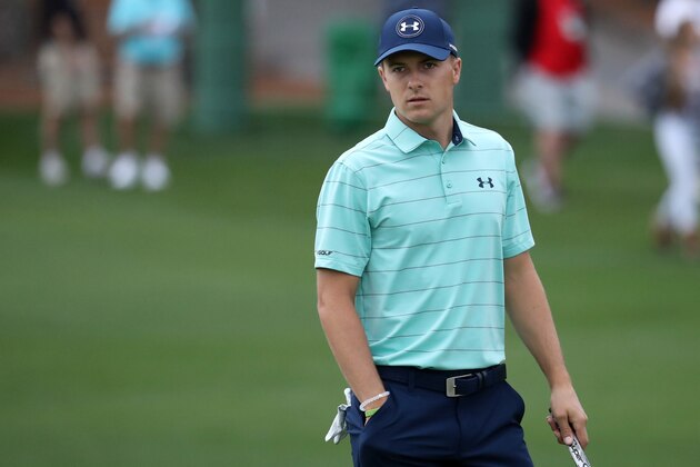AUGUSTA, GA - APRIL 05:  Jordan Spieth of the United States reacts on the second green during a practice round prior to the start of the 2017 Masters Tournament at Augusta National Golf Club on April 5, 2017 in Augusta, Georgia.  (Photo by Rob Carr/Getty Images)