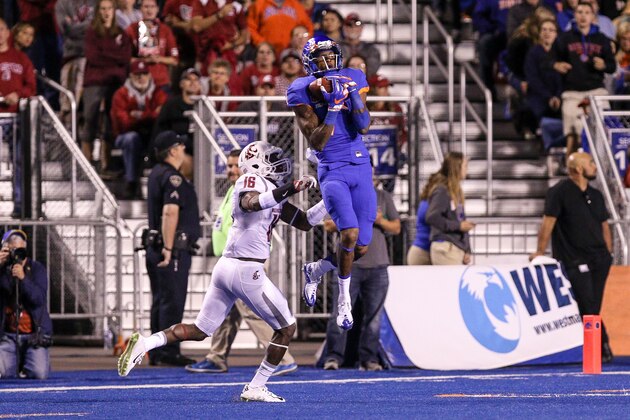BOISE, ID - SEPTEMBER 10: Wide receiver Cedrick Wilson #1 of the Boise State Broncos catches a deep pass over the defense of corner back Treshon Broughton #16 of the Washington State Cougars during second half action on September 10, 2016 at Albertsons Stadium in Boise, Idaho. Boise State won the game 31-28. (Photo by Loren Orr/Getty Images)