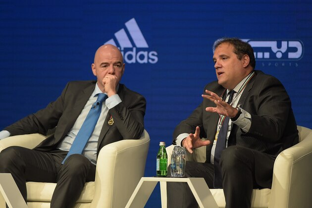 DUBAI, UNITED ARAB EMIRATES - DECEMBER 28:  FIFA President, Gianni Infantino and Victor Montagliani, CONCACAF President speak during the 11th Dubai International Sports Conference on December 28, 2016 in Dubai, United Arab Emirates.  (Photo by Tom Dulat/Getty Images)