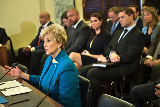 Linda McMahon speaks during her confirmation hearing for administrator of the Small Business Administration before the Senate Small Business and Entrepreneurship Committee on Capitol Hill January 24, 2017 in Washington, DC. / AFP / Brendan Smialowski        (Photo credit should read BRENDAN SMIALOWSKI/AFP/Getty Images)