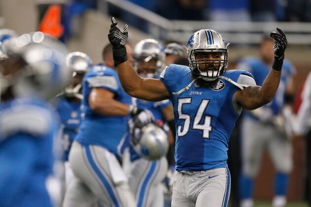 DETROIT, MI - OCTOBER 19:  DeAndre Levy #54 of the Detroit Lions celebrates 24-23 win against the New Orleans Saints at Ford Field on October 19, 2014 in Detroit, Michigan. (Photo by Greg Shamus/Getty Images)