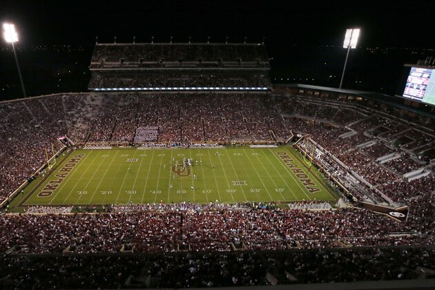 Oklahoma faces Louisiana Monroe in the third quarter of an NCAA college football game in Norman, Okla., during their home opener in their newly renovated stadium, Saturday, Sept. 10, 2016. The south end of the Gaylord Family - Oklahoma Memorial Stadium, at right, has been enclosed and is now a complete bowl. (AP Photo/Sue Ogrocki)
