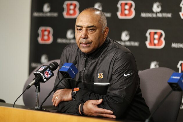Cincinnati Bengals head coach Marvin Lewis speaks during a news conference after an NFL football game against the Baltimore Ravens, Sunday, Jan. 1, 2017, in Cincinnati. The Bengals won 27-10. (AP Photo/Gary Landers)