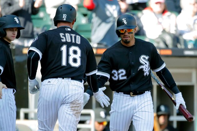 CHICAGO, IL - APRIL 06: Geovany Soto #18 of the Chicago White Sox is congratulated by Jacob May #32 after hitting a home run against the Detroit Tigers during the seventh inning at Guaranteed Rate Field on April 6, 2017 in Chicago, Illinois.  (Photo by Jon Durr/Getty Images)