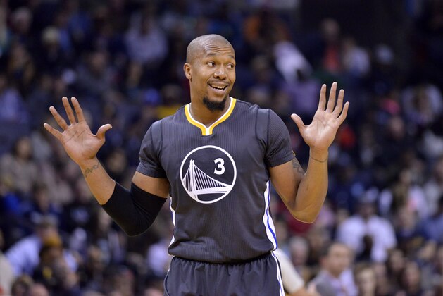 Golden State Warriors forward David West (3) gestures in the first half of an NBA basketball game Saturday, Dec. 10, 2016, in Memphis, Tenn. (AP Photo/Brandon Dill) Golden State Warriors forward David West (3) gestures in the first half of an NBA basketball game Saturday, Dec. 10, 2016, in Memphis, Tenn. (AP Photo/Brandon Dill)