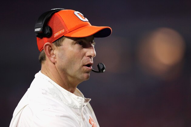 GLENDALE, AZ - DECEMBER 31:  Head coach Dabo Swinney of the Clemson Tigers looks on against the Ohio State Buckeyes during the 2016 PlayStation Fiesta Bowl at University of Phoenix Stadium on December 31, 2016 in Glendale, Arizona.  (Photo by Jamie Squire/Getty Images)
