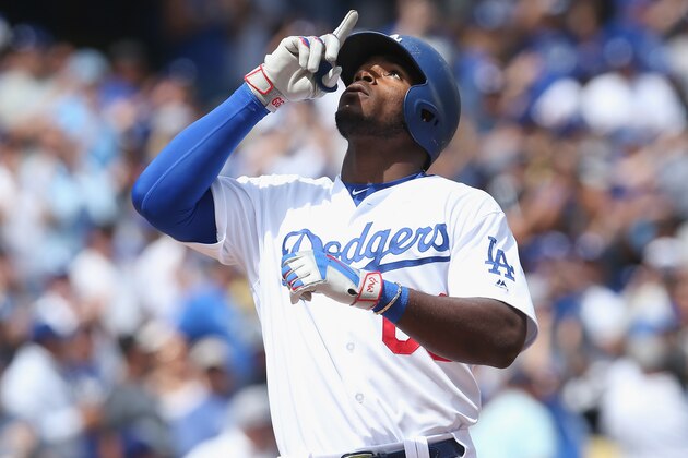 LOS ANGELES, CALIFORNIA - APRIL 06:  Yasiel Puig #66 of the Los Angeles Dodgers celebrates as he crosses home play after hitting a two run home run in the second inning against the San Diego Padres at Dodger Stadium on April 6, 2017 in Los Angeles, California.  (Photo by Stephen Dunn/Getty Images)