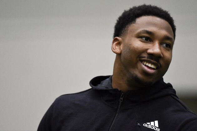 Former Texas A&M defensive end Myles Garrett smiles during Texas A&M Pro Day at the NCAA football team's indoor training facility, Thursday, Match 30, 2017, in College Station, Texas. The event is to showcase players for the upcoming NFL football draft. (AP Photo/Eric Christian Smith)