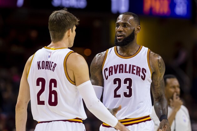 CLEVELAND, OH - JANUARY 19: Kyle Korver #26 of the Cleveland Cavaliers and LeBron James #23 celebrate after scoring during the second half against the Phoenix Suns at Quicken Loans Arena on January 19, 2017 in Cleveland, Ohio. The Cavaliers defeated the Suns 118-103. NOTE TO USER: User expressly acknowledges and agrees that, by downloading and/or using this photograph, user is consenting to the terms and conditions of the Getty Images License Agreement. Mandatory copyright notice. (Photo by Jason Miller/Getty Images)