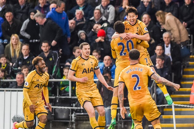 SWANSEA, WALES - APRIL 05: Tottenham Celebrates their final goal during the Premier League match between Swansea City and Tottenham Hotspur at The Liberty Stadium on April 5, 2017 in Swansea, Wales. (Photo by Athena Pictures/Getty Images)