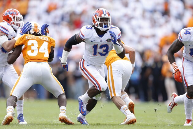KNOXVILLE, TN - OCTOBER 4: Daniel McMillian #13 of the Florida Gators in action against the Tennessee Volunteers during the game at Neyland Stadium on October 4, 2014 in Knoxville, Tennessee. Florida defeated Tennessee 10-9. (Photo by Joe Robbins/Getty Images)