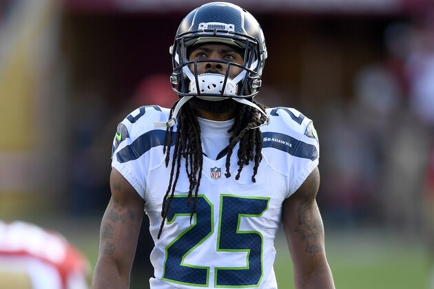 SANTA CLARA, CA - JANUARY 01:  Richard Sherman #25 of the Seattle Seahawks looks on during pregame warm ups prior to the start of an NFL football game against the San Francisco 49ers at Levi's Stadium on January 1, 2017 in Santa Clara, California.  (Photo by Thearon W. Henderson/Getty Images)
