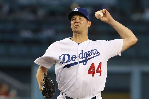 LOS ANGELES, CA - APRIL 05:  Pitcher Rich Hill #44 of the Los Angeles Dodgers pitches in the first inning during the MLB game against the San Diego Padres at Dodger Stadium on April 5, 2017 in Los Angeles, California.  (Photo by Victor Decolongon/Getty Images)