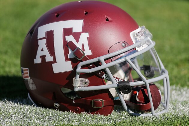 COLLEGE STATION, TX - SEPTEMBER 19:  A Texas A&M Aggies helmet sits on Kyle Field on September 19, 2015 in College Station, Texas.  (Photo by Bob Levey/Getty Images)