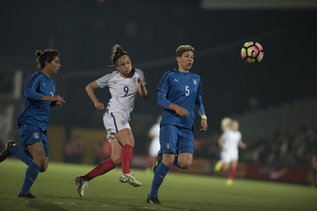 BURSLEM, ENGLAND- APRIL 7:  Jodie Taylor of England scores the opening goal during the Women's International Friendly match between England Women and Italy Women at Vale Park on April 7, 2017 in Burslem, England. (Photo by Nathan Stirk/Getty Images)