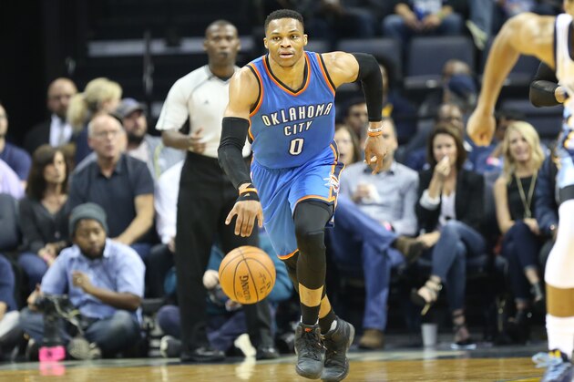 MEMPHIS, TN - APRIL 5:  Russell Westbrook #0 of the Oklahoma City Thunder handles the ball during a game against the Memphis Grizzlies on April 5, 2017 at FedExForum in Memphis, Tennessee. NOTE TO USER: User expressly acknowledges and agrees that, by downloading and/or using this photograph, user is consenting to the terms and conditions of the Getty Images License Agreement. Mandatory Copyright Notice: Copyright 2017 NBAE (Photo by Nikki Boertman/NBAE via Getty Images)