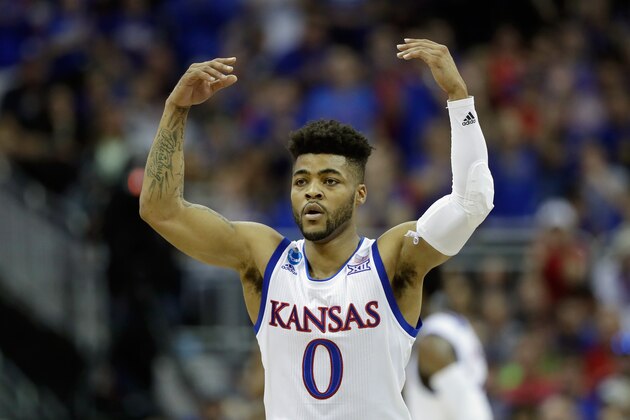 KANSAS CITY, MO - MARCH 23:  Frank Mason III #0 of the Kansas Jayhawks reacts against the Purdue Boilermakers during the 2017 NCAA Men's Basketball Tournament Midwest Regional at Sprint Center on March 23, 2017 in Kansas City, Missouri.  (Photo by Jamie Squire/Getty Images)