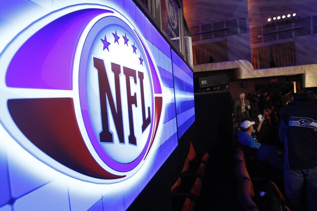 An NFL logo is shown during the fourth round of the NFL football draft by the at Radio City Music Hall Saturday, April 30, 2011, in New York. (AP Photo/Frank Franklin II)