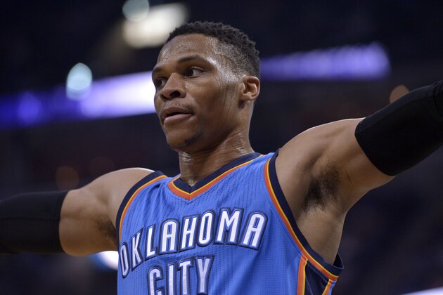 Oklahoma City Thunder guard Russell Westbrook plays in the second half of an NBA basketball game against the Memphis Grizzlies Wednesday, April 5, 2017, in Memphis, Tenn. (AP Photo/Brandon Dill)