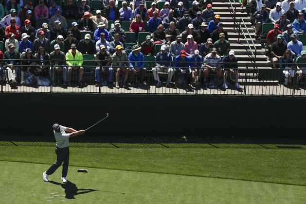 Charley Hoffman hits a tee shot on the 16th hole during the second round of the Masters golf tournament Friday, April 7, 2017, in Augusta, Ga. (AP Photo/Matt Slocum)