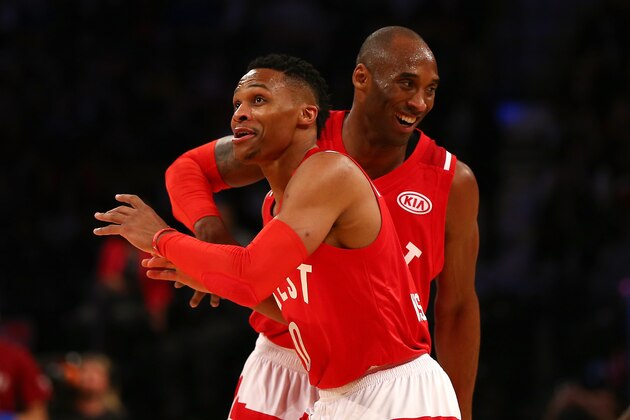 TORONTO, ON - FEBRUARY 14: Russell Westbrook #0 of the Oklahoma City Thunder and the Western Conference and Kobe Bryant #24 of the Los Angeles Lakers and the Western Conference react after a play in the second half against the Eastern Conference during the NBA All-Star Game 2016 at the Air Canada Centre on February 14, 2016 in Toronto, Ontario. NOTE TO USER: User expressly acknowledges and agrees that, by downloading and/or using this Photograph, user is consenting to the terms and conditions of the Getty Images License Agreement.  (Photo by Elsa/Getty Images)