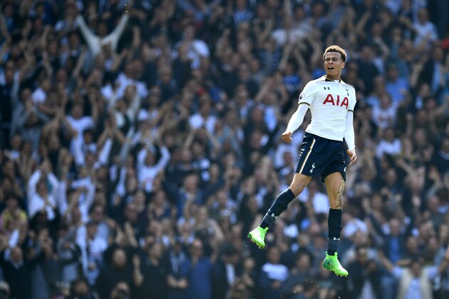 LONDON, ENGLAND - APRIL 08: Dele Alli of Tottenham Hotspur celebrates scoring his sides first goal during the Premier League match between Tottenham Hotspur and Watford at White Hart Lane on April 8, 2017 in London, England.  (Photo by Dan Mullan/Getty Images)