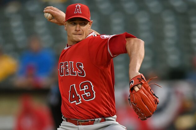 OAKLAND, CA - APRIL 05:  Garrett Richards #43 of the Los Angeles Angels of Anaheim pitches against the Oakland Athletics in the bottom of the first inning at the Oakland-Alameda County Coliseum on April 5, 2017 in Oakland, California.  (Photo by Thearon W. Henderson/Getty Images)