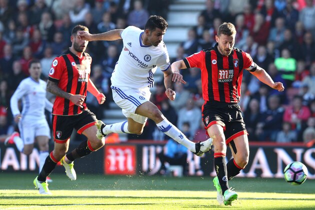BOURNEMOUTH, ENGLAND - APRIL 08: Diego Costa of Chelsea shoots during the Premier League match between AFC Bournemouth and Chelsea at Vitality Stadium on April 8, 2017 in Bournemouth, England.  (Photo by Ian Walton/Getty Images)