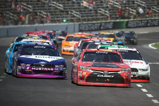 FORT WORTH, TX - APRIL 08:  Erik Jones, driver of the #20 GameStop/GAEMS Toyota, leads a pack of cars during the NASCAR XFINITY Series My Bariatric Solutions 300 at Texas Motor Speedway on April 8, 2017 in Fort Worth, Texas.  (Photo by Chris Graythen/Getty Images)