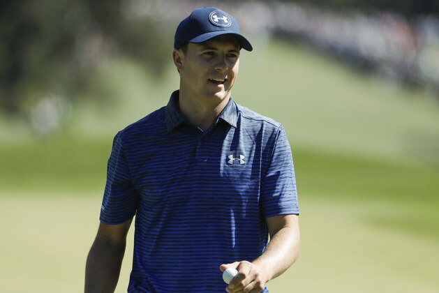 Jordan Spieth reacts after missing an eagle putt on the eighth hole during the third round of the Masters golf tournament Saturday, April 8, 2017, in Augusta, Ga. (AP Photo/Chris Carlson)