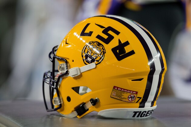 COLLEGE STATION, TX - NOVEMBER 24: LSU Tigers helmet sits on the bench at Kyle Field on November 24, 2016 in College Station, Texas.  (Photo by Bob Levey/Getty Images)