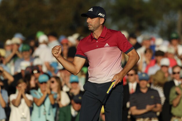 Sergio Garcia, of Spain, reacts after making his putt on the 18th hole during the third round of the Masters golf tournament Saturday, April 8, 2017, in Augusta, Ga. (AP Photo/Matt Slocum)