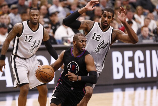Apr 8, 2017; San Antonio, TX, USA; LA Clippers point guard Chris Paul (3) dribbles the ball as San Antonio Spurs power forward LaMarcus Aldridge (12) defends during the second half at AT&T Center. Mandatory Credit: Soobum Im-USA TODAY Sports